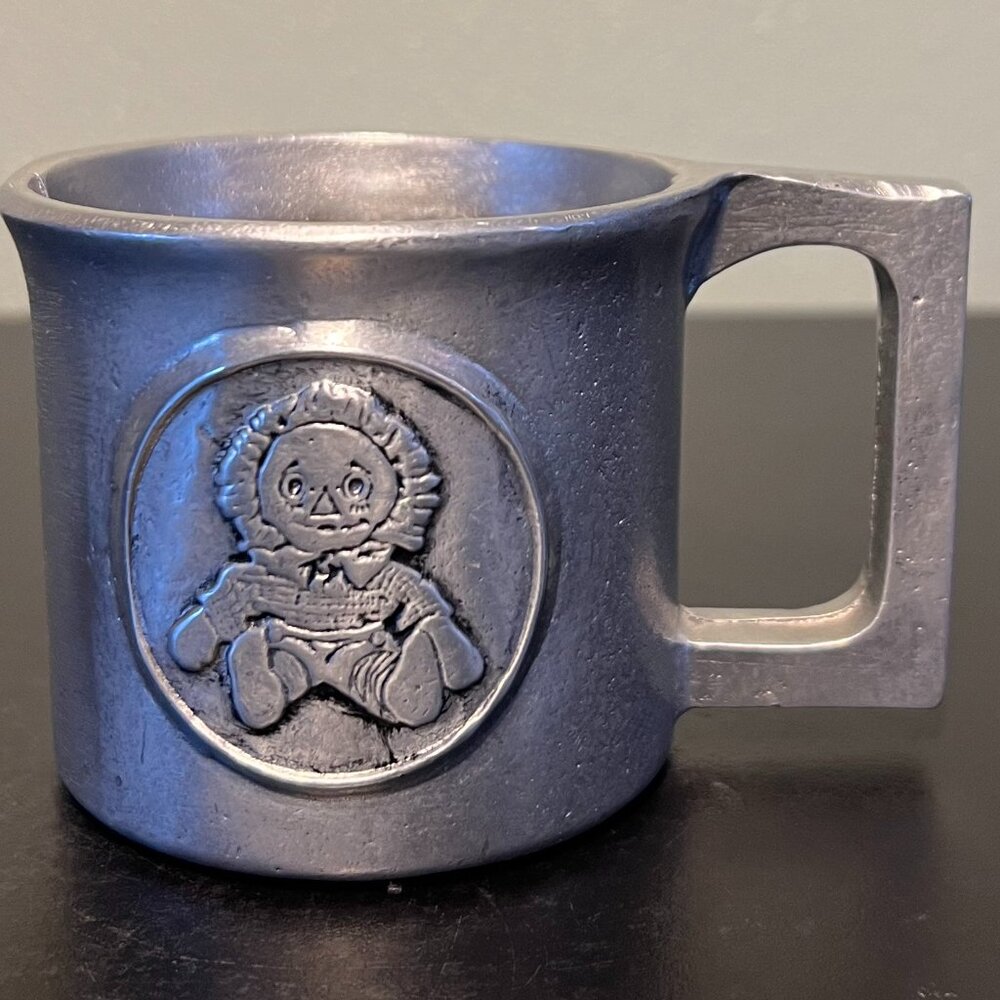 Vintage Pewter Raggedy Andy Childrens Cup Mug Embossed Character Metal Gift Kids